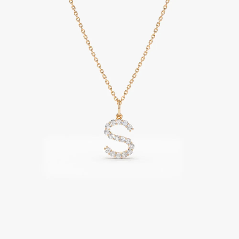 14K Solid Gold Round Diamond Medium Initial Letter Pendant Necklace 0.30ctw