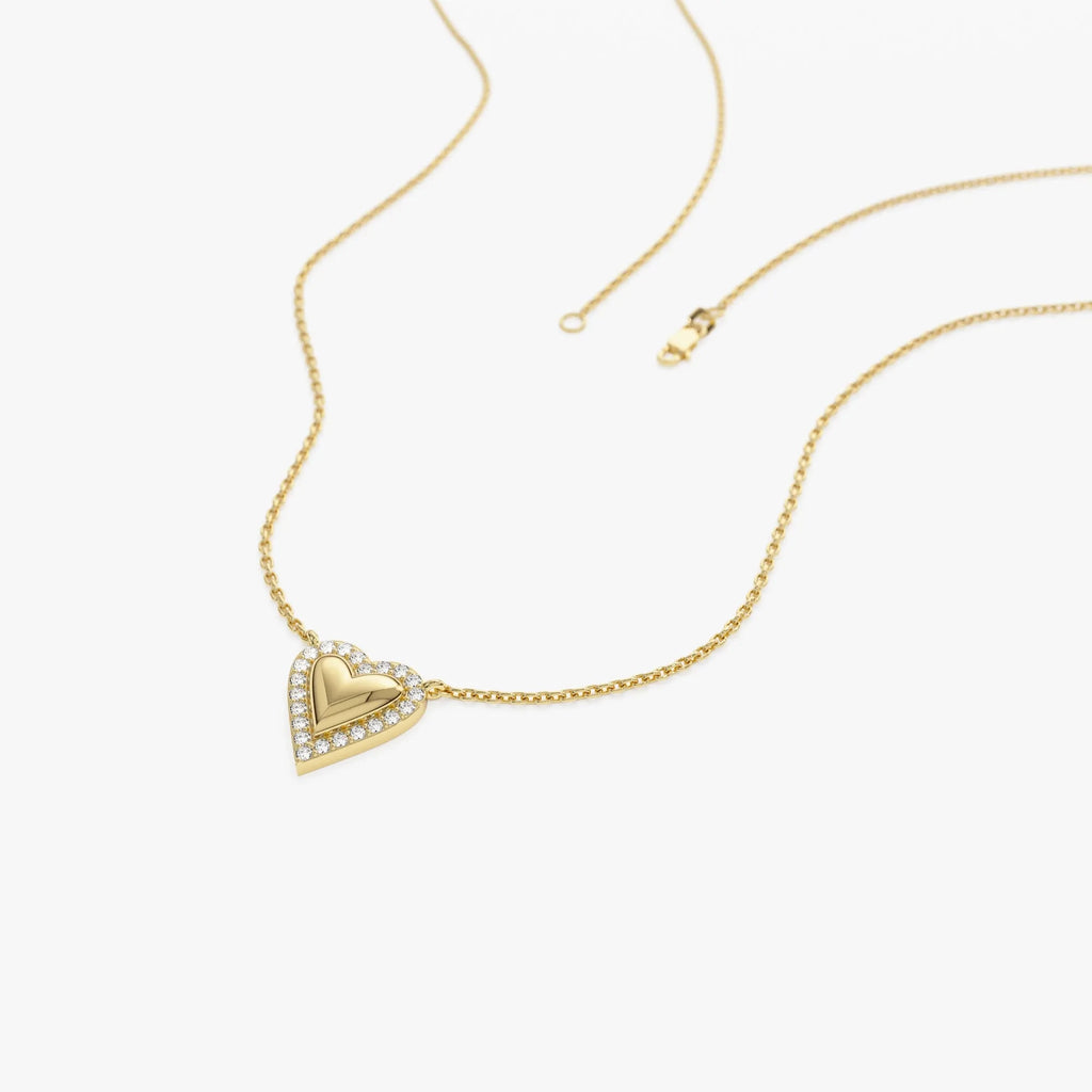 14K Solid Gold 0.12 CTW Round Diamond Puffed Heart Love Necklace