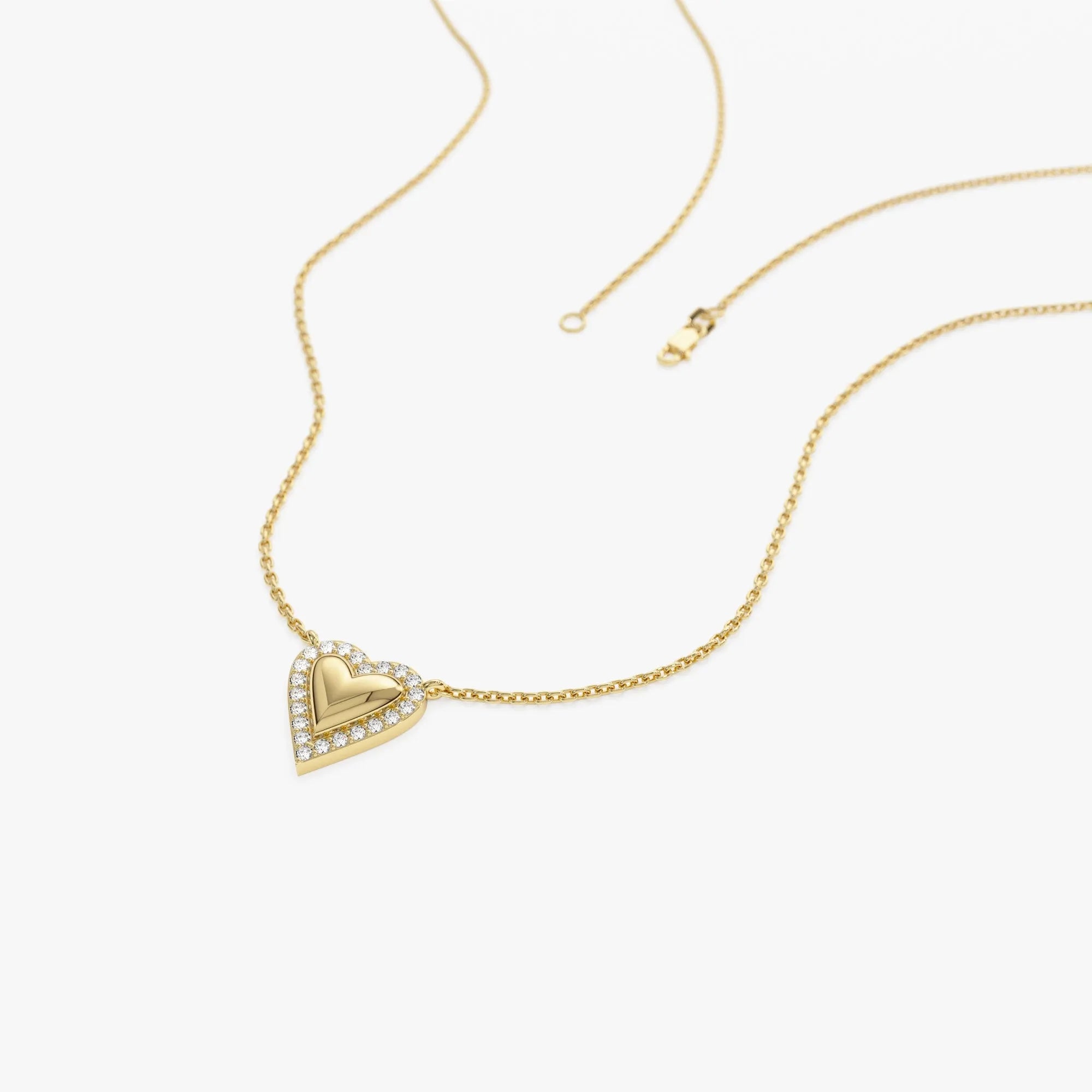 14K Solid Gold 0.12 CTW Round Diamond Puffed Heart Love Necklace