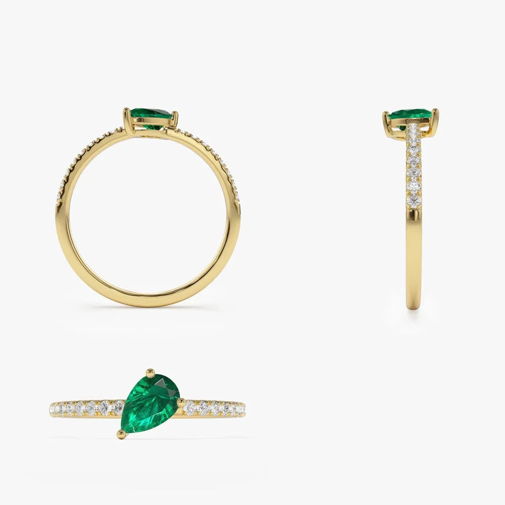 14K Solid Gold Slanted Pear Emerald and Round Diamond Pave Ring 0.50 CTW Handcrafted Jewelry