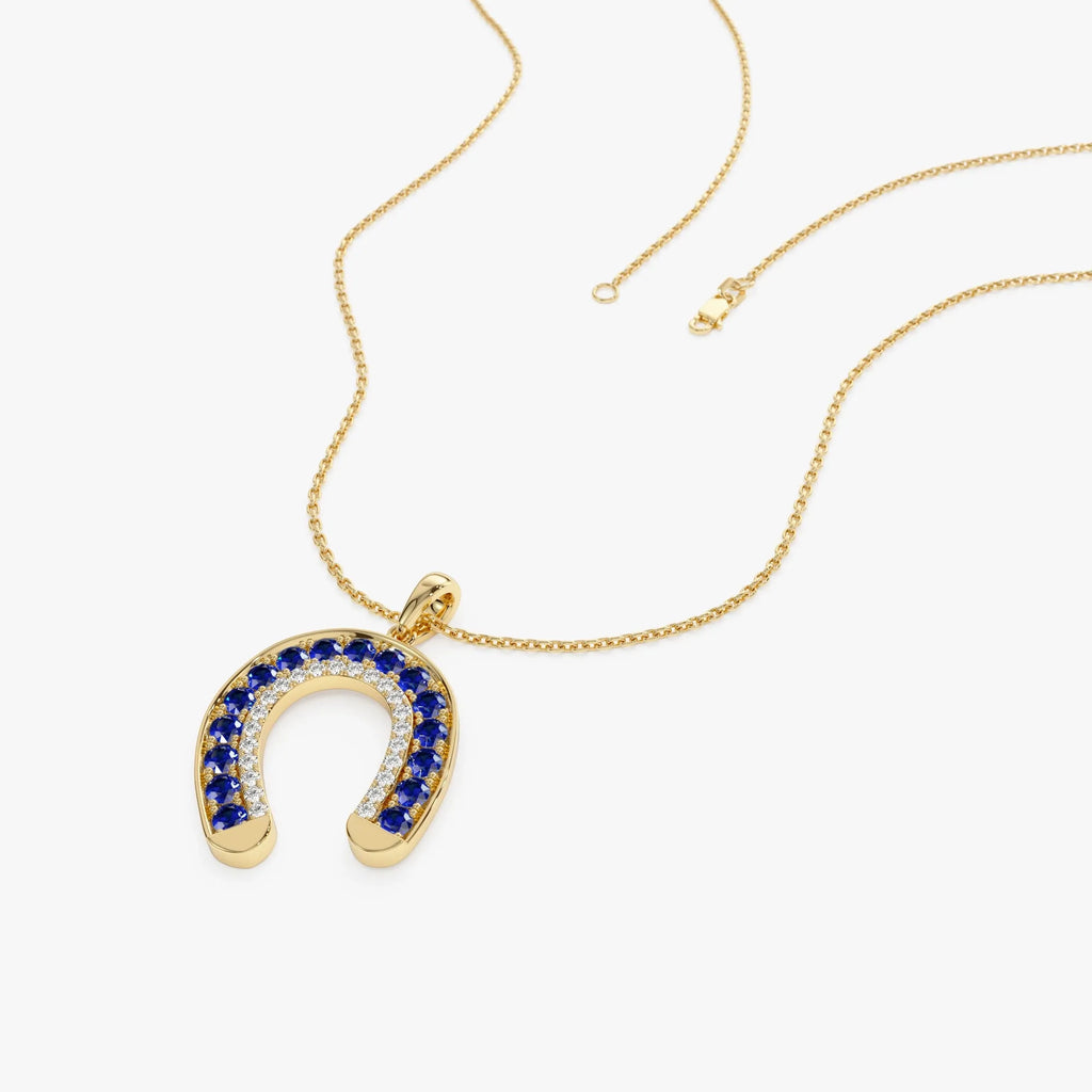 14k Solid Gold Sapphire and Diamond Round Horseshoe Pendant 0.72 Carat