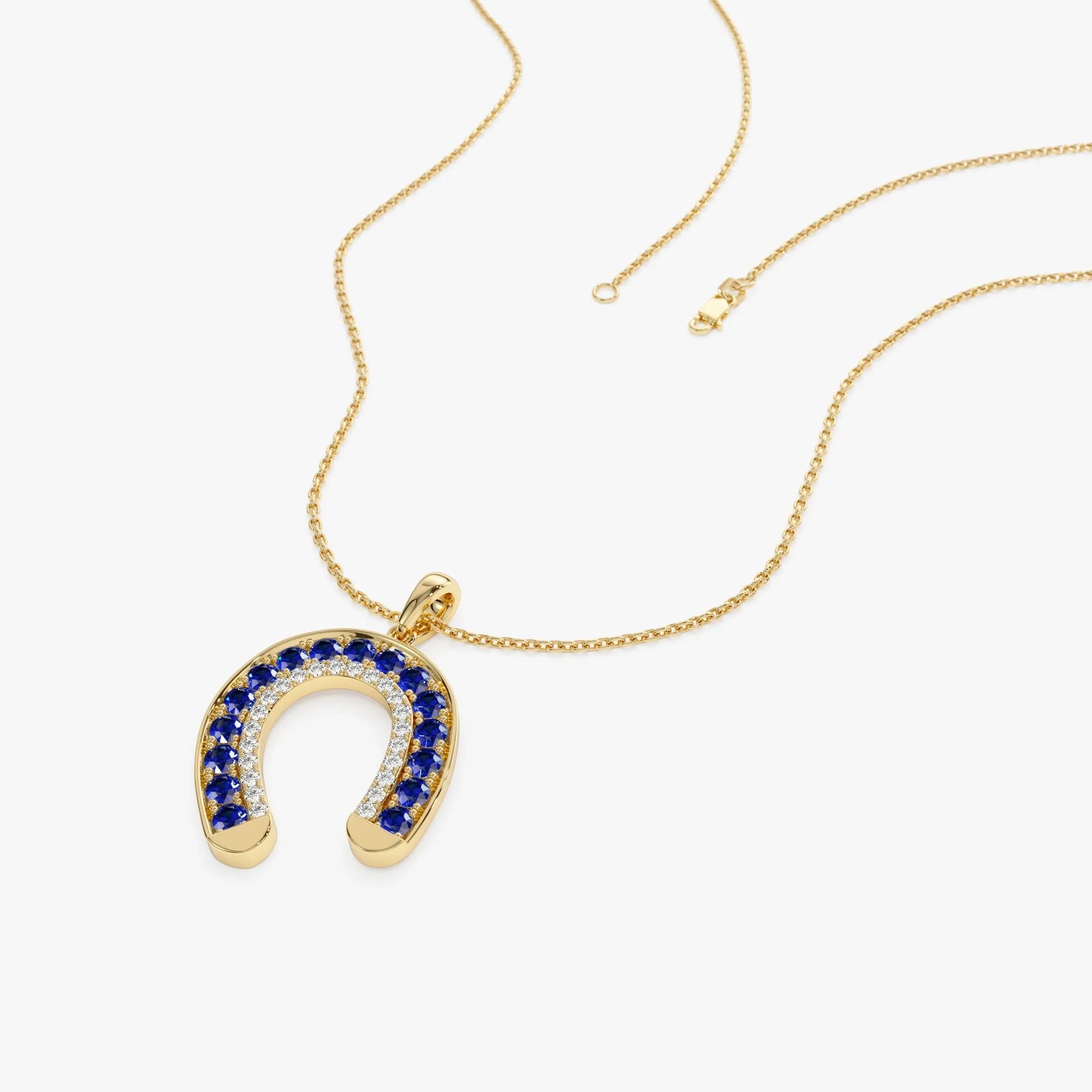 14k Solid Gold Sapphire and Diamond Round Horseshoe Pendant 0.72 Carat