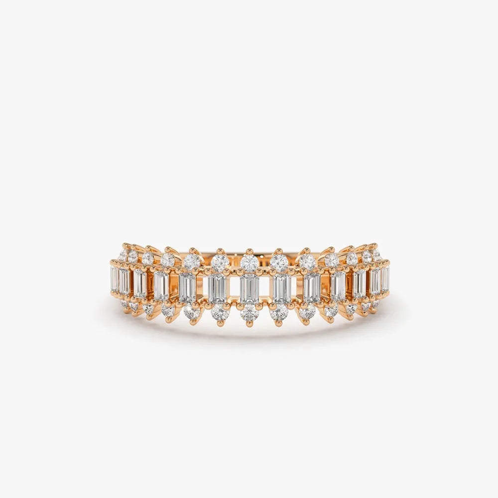 14K Solid Gold Baguette and Round Diamond Prong Set Band Ring 0.56 ctw