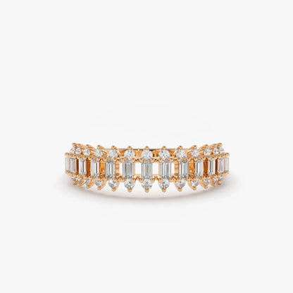 14K Solid Gold Baguette and Round Diamond Prong Set Band Ring 0.56 ctw