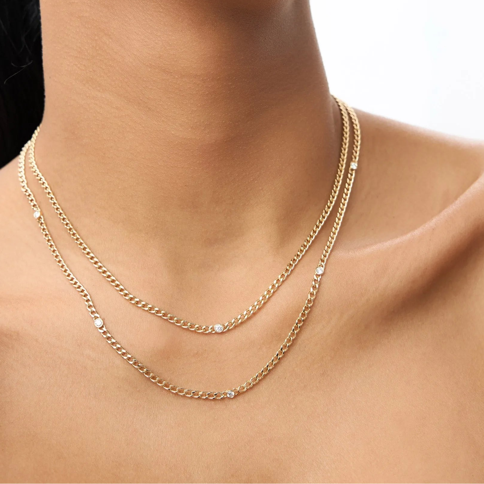 14K Solid Gold Round Diamond Cuban Link Necklace Bezel Set 3mm 0.30cttw