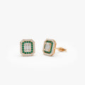 14k Solid Gold Round Emerald and Baguette Diamond Halo Stud Earrings 0.70 ctw