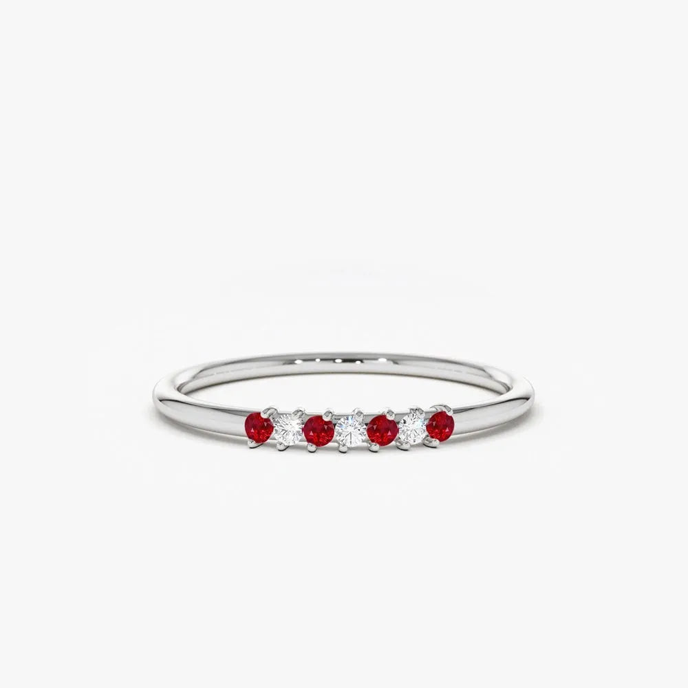 14k Gold Ruby and Diamond Round Cut Petite Ring 0.11 ctw