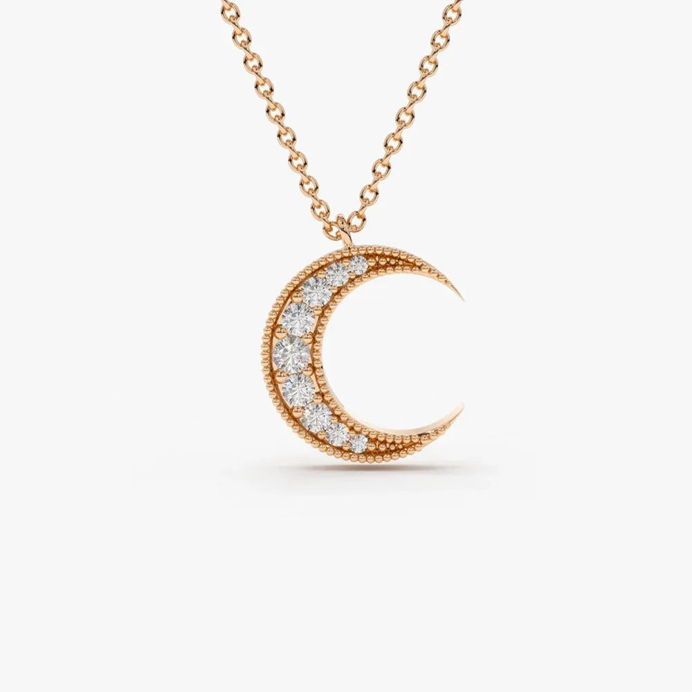 14K Solid Gold Round Diamond Micro Pave Mini Crescent Moon Necklace 0.12cttw