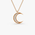 14K Solid Gold Round Diamond Micro Pave Mini Crescent Moon Necklace 0.12cttw