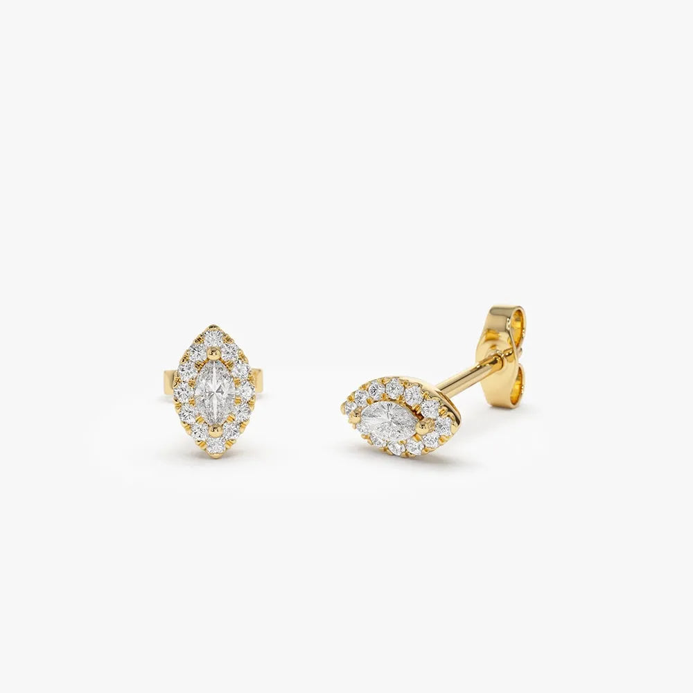 14k Gold Diamond Marquise Cut Halo Stud Earrings Micro Pave 0.25 ctw