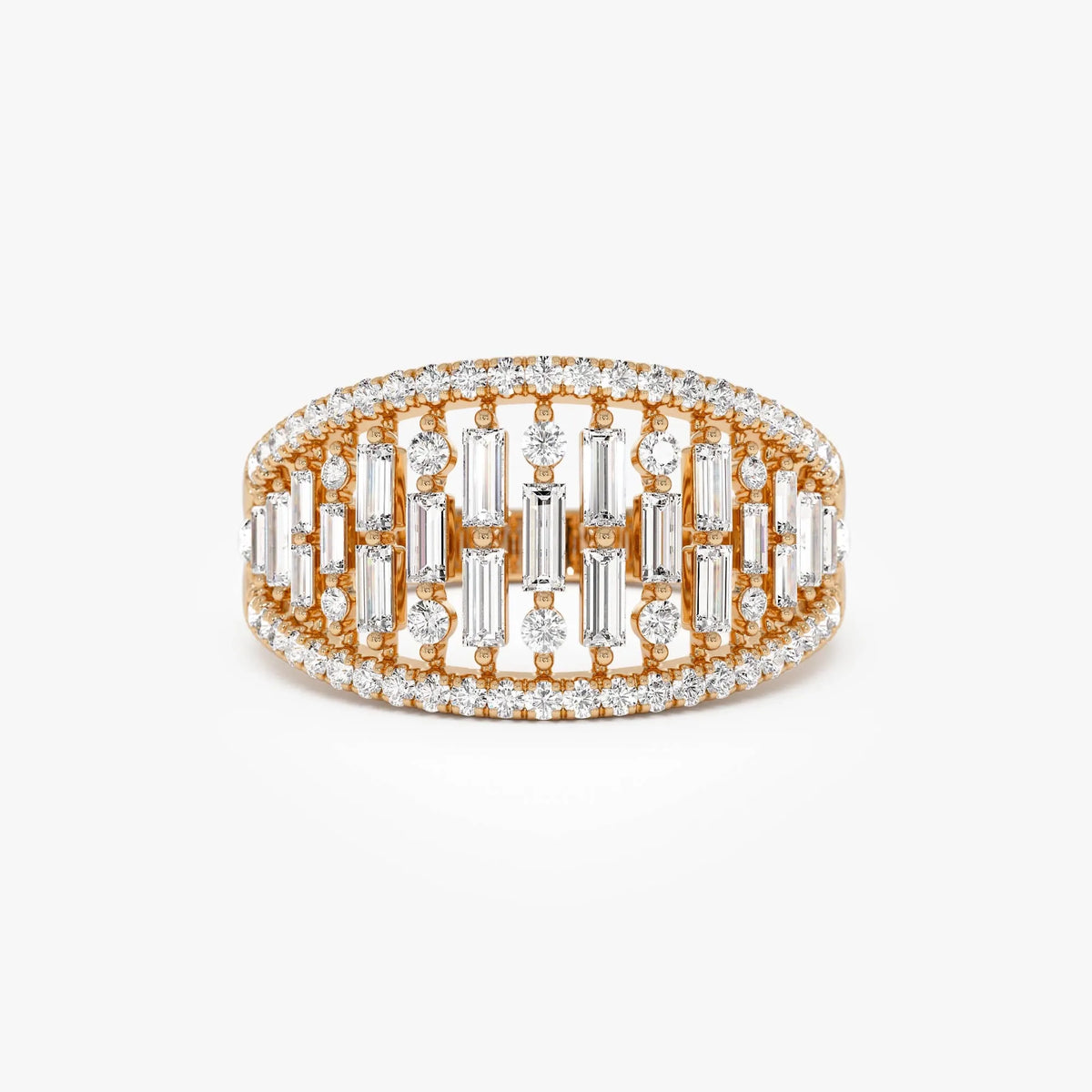 14k Solid Gold Baguette and Round Diamond 0.90 Carat Multi Row Statement Ring