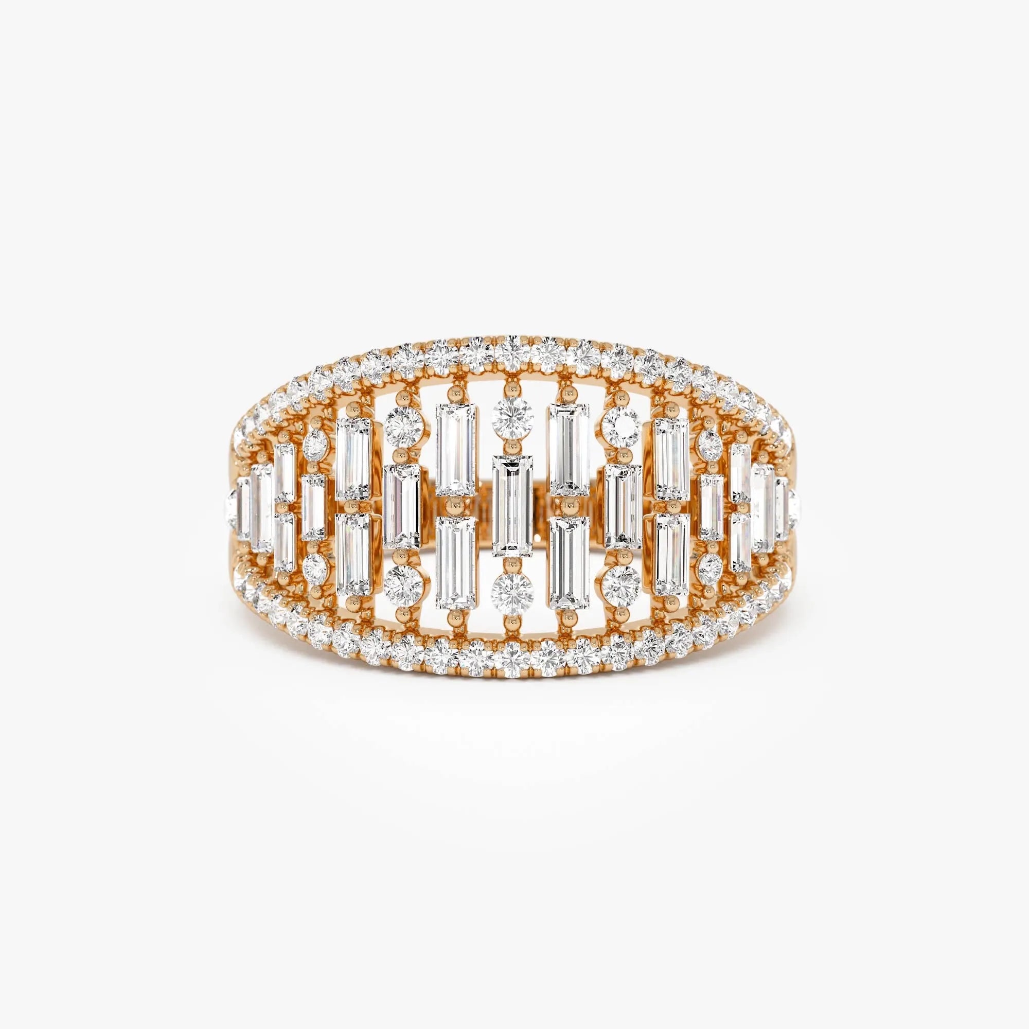 14k Solid Gold Baguette and Round Diamond 0.90 Carat Multi Row Statement Ring