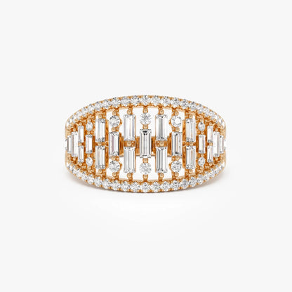 14k Solid Gold Baguette and Round Diamond 0.90 Carat Multi Row Statement Ring