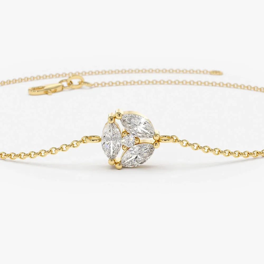 14K Solid Gold 0.16 CTW Marquise and Round Diamond Cluster Prong Set Bracelet