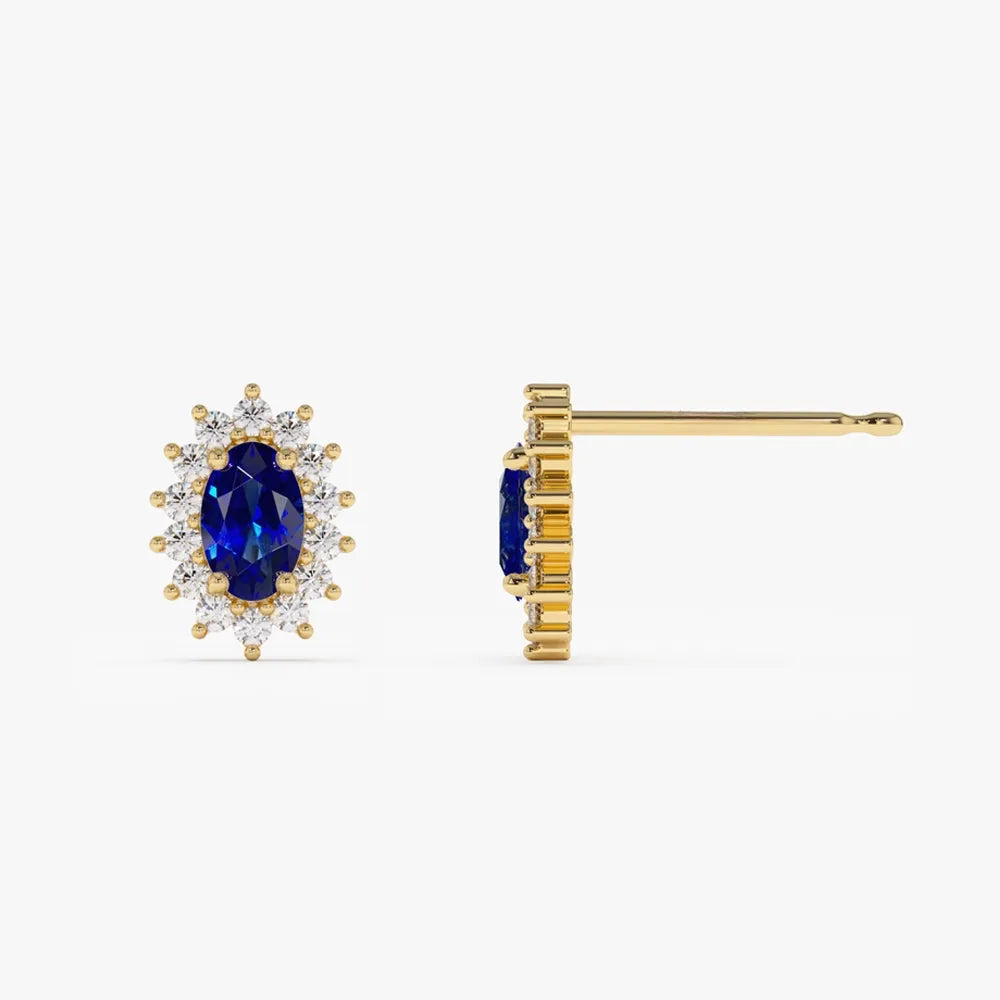 14k Solid Gold Oval Blue Sapphire and Round Diamond Earrings 0.82 ctw