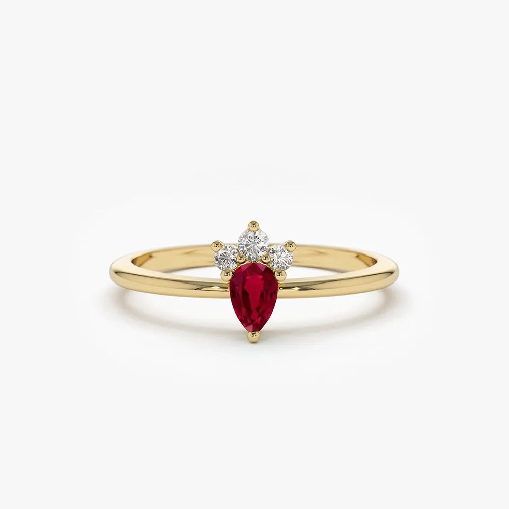 14k Gold Ruby and Diamond Pear and Round Cut Mini Ring 0.31 ctw