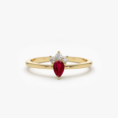 14k Gold Ruby and Diamond Pear and Round Cut Mini Ring 0.31 ctw