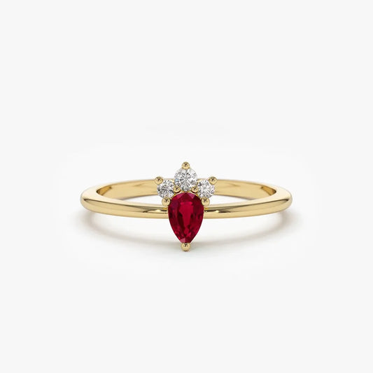 14k Gold Ruby and Diamond Pear and Round Cut Mini Ring 0.31 ctw