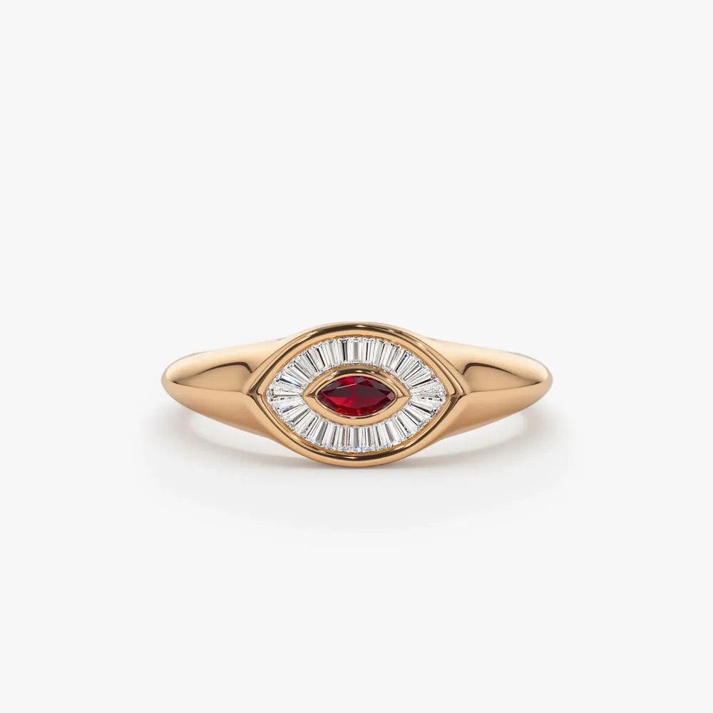 14k Gold Ruby and Diamond Marquise and Baguette Cut Ring 0.39 ctw