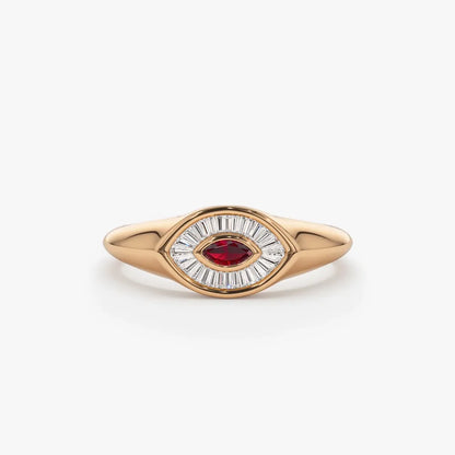 14k Gold Ruby and Diamond Marquise and Baguette Cut Ring 0.39 ctw