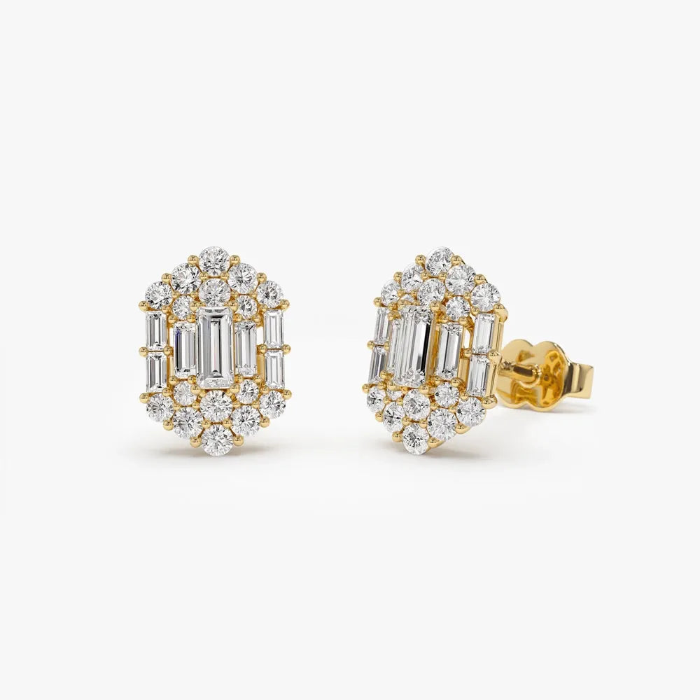 14k Gold Diamond Baguette and Round Cut Hexagon Stud Earrings Prong Setting 0.80 ctw