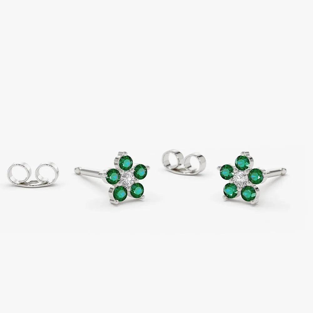 14K Solid Gold Round Emerald and Diamond Flower Stud Earrings 0.32ctw