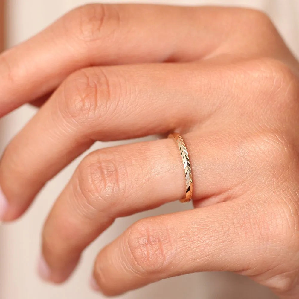 14K Solid Gold Chevron Herringbone Eternity Cut Minimalist Wedding Band Ring