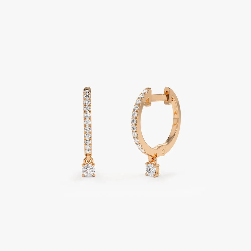 14k Gold Diamond Round Cut Dangling Huggie Earrings Prong Micro Pave 0.23 ctw