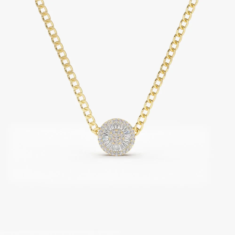 14K Solid Gold Baguette and Round Diamond Curb Link Disc Cluster Necklace 9mm 0.45ctw