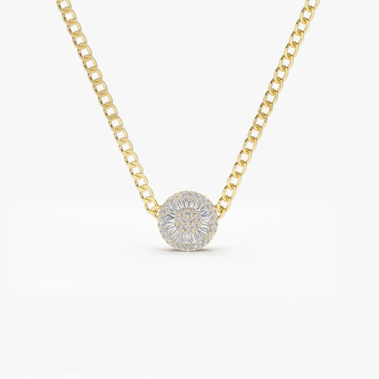 14K Solid Gold Baguette and Round Diamond Curb Link Disc Cluster Necklace 9mm 0.45ctw