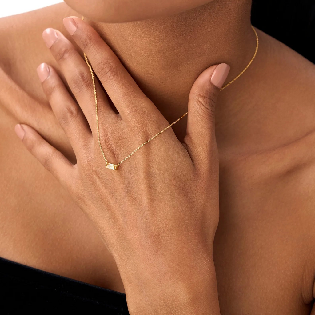 14k Solid Gold Citrine Baguette Birthstone Necklace 0.40 Carat