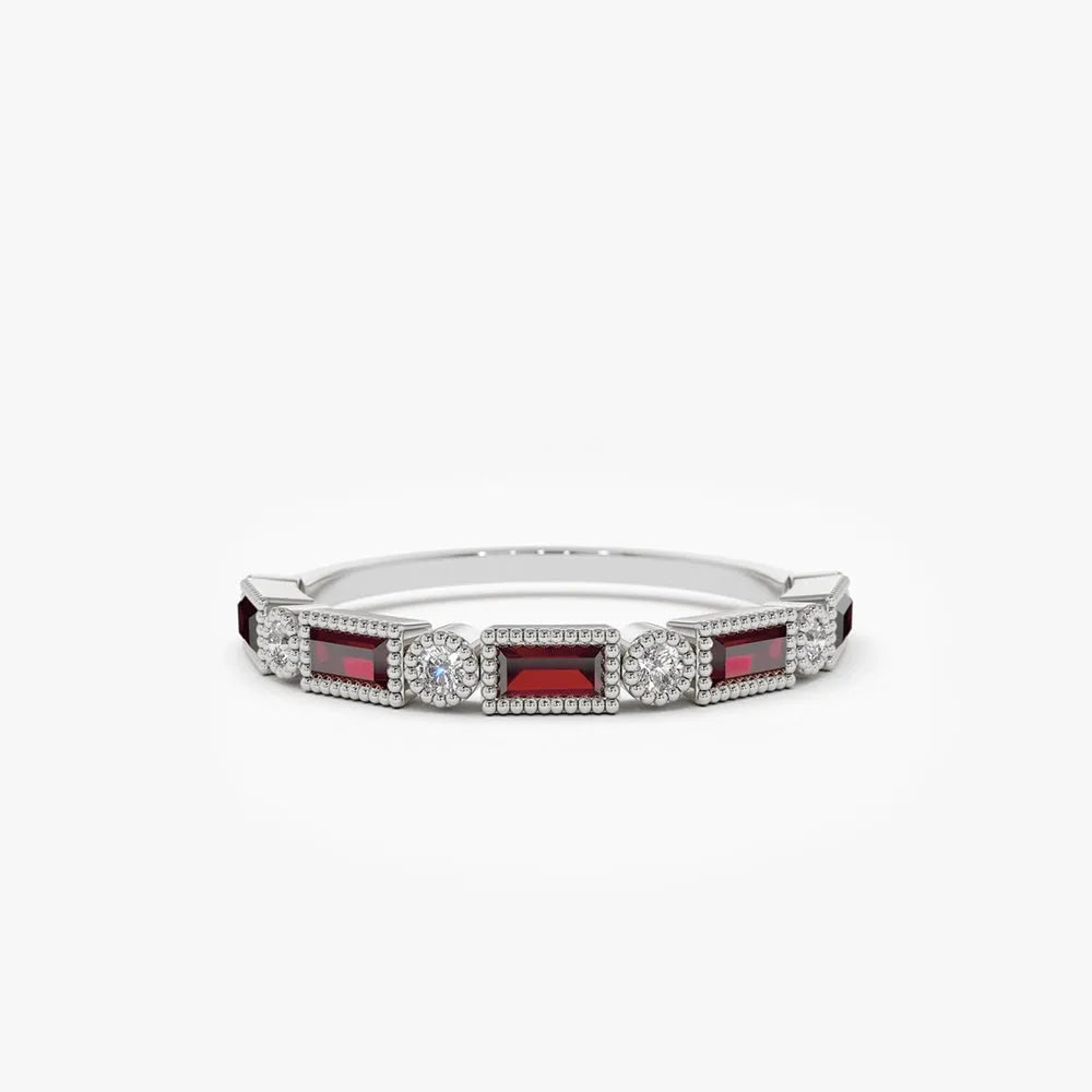 14k Gold Ruby and Diamond Baguette and Round Cut Milgrain Bezel Ring 0.47 ctw
