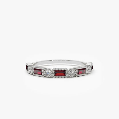 14k Gold Ruby and Diamond Baguette and Round Cut Milgrain Bezel Ring 0.47 ctw