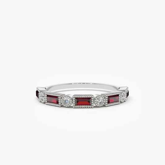 14k Gold Ruby and Diamond Baguette and Round Cut Milgrain Bezel Ring 0.47 ctw