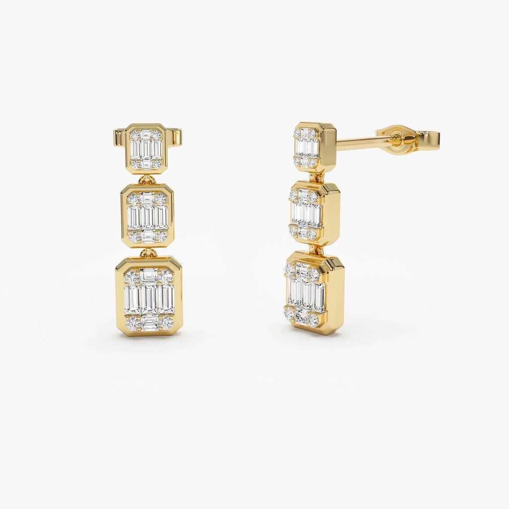 14k Gold Diamond Baguette and Round Cut Drop Earrings Illusion Setting 0.50 ctw
