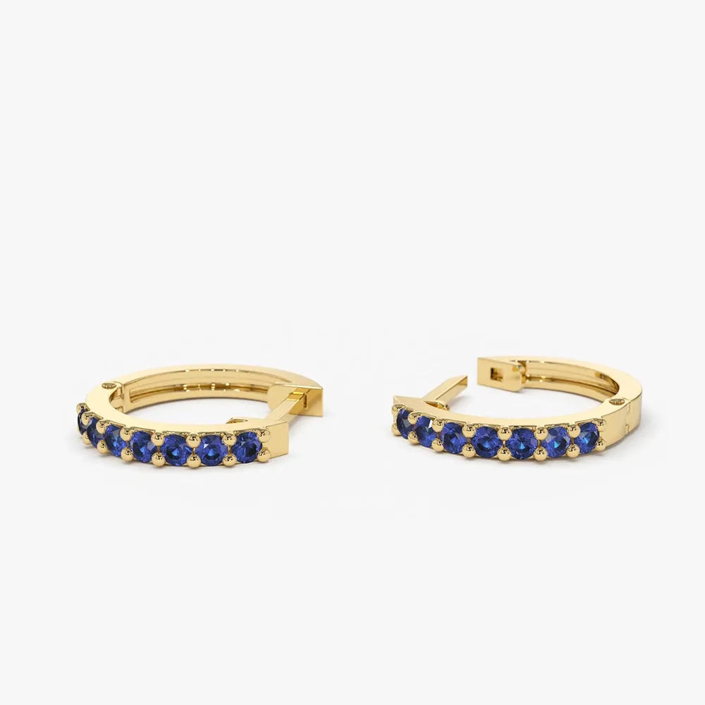 14k Gold Sapphire Round Cut Huggie Hoop Earrings 0.28 ctw