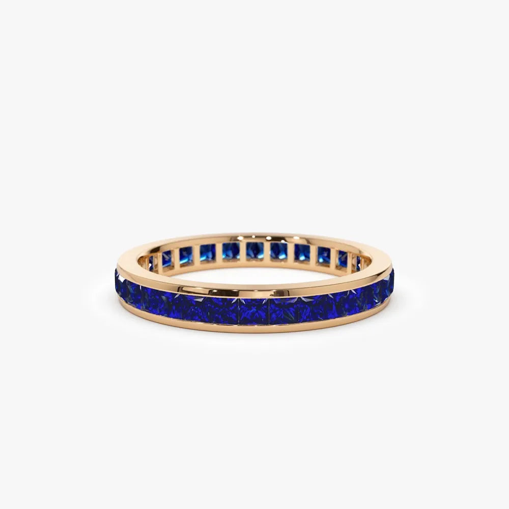 14K Solid Gold Princess Cut Sapphire 1.68 Carat Full Eternity Channel Setting Ring