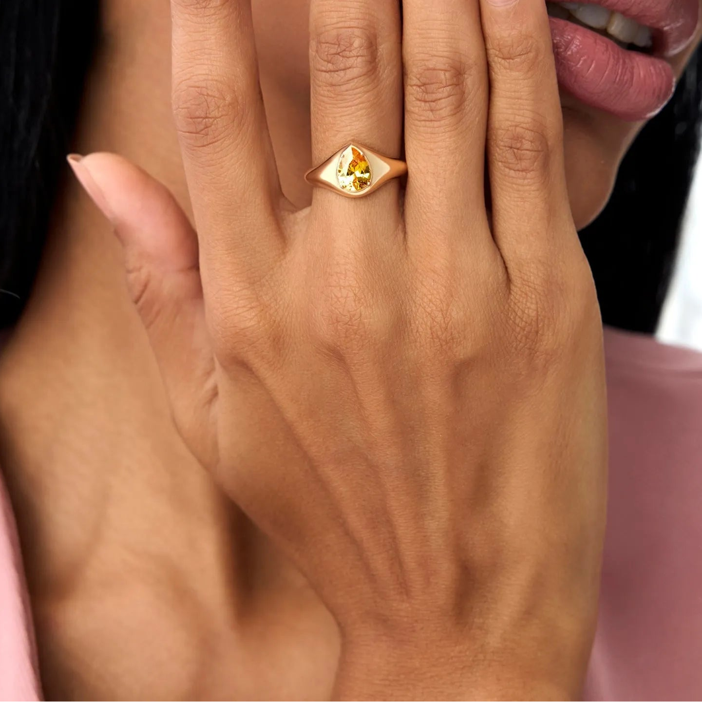 14K Solid Gold Pear Shaped Citrine 1.25ctw Statement Ring