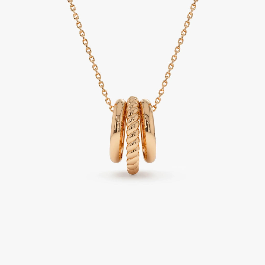 14k Solid Gold Three Ring Eternity Circle Necklace with Twisted and Plain Linked Detail