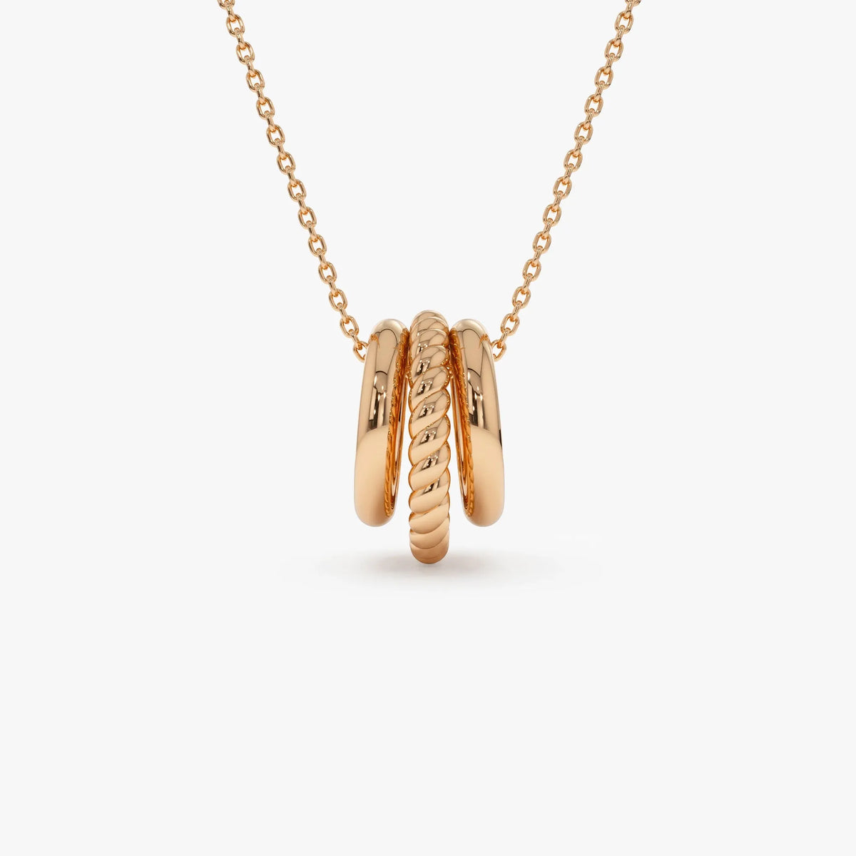 14k Solid Gold Three Ring Eternity Circle Necklace with Twisted and Plain Linked Detail