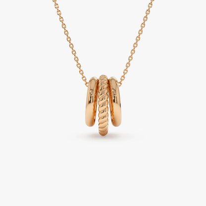 14k Solid Gold Three Ring Eternity Circle Necklace with Twisted and Plain Linked Detail