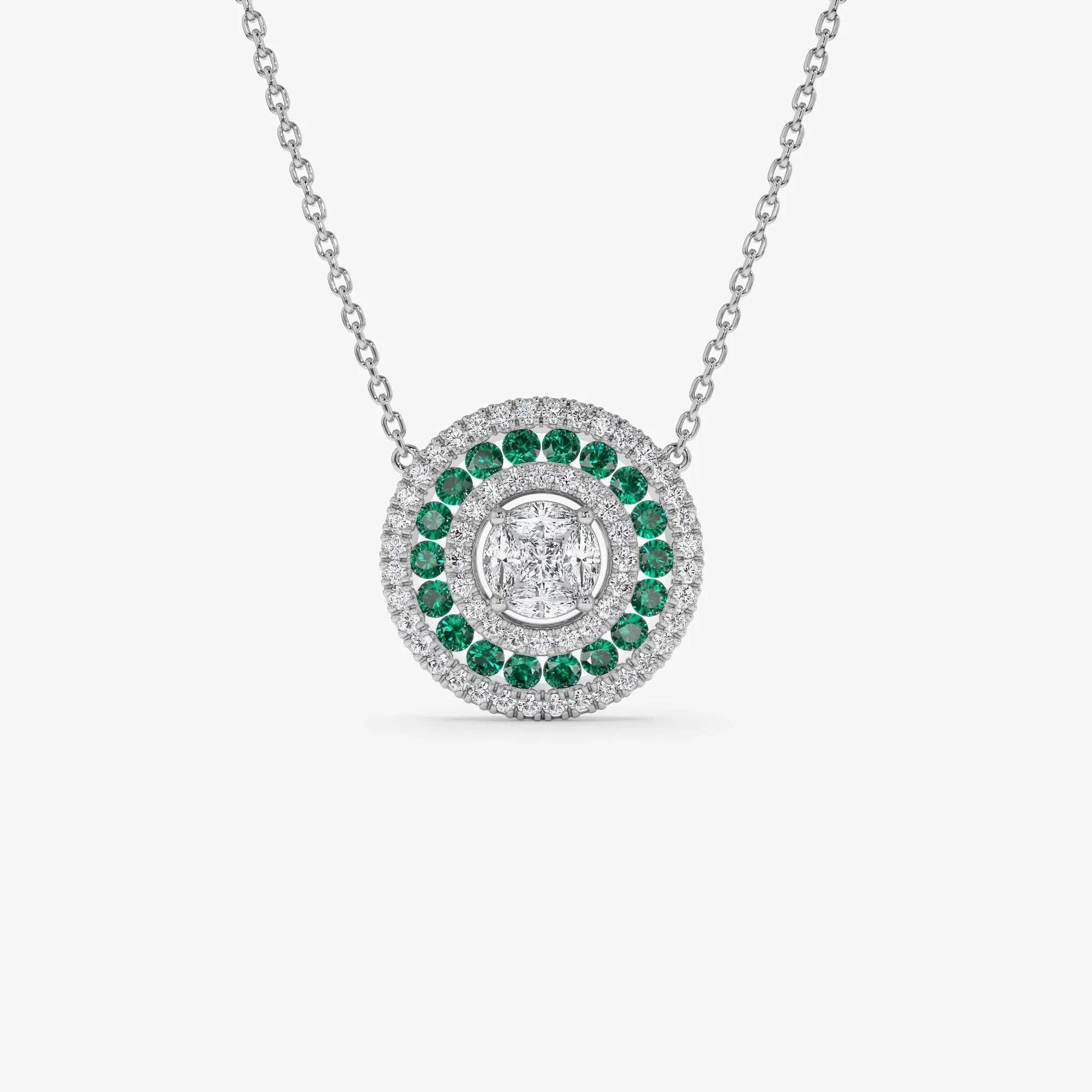 14k Solid Gold Round Marquise and Princess Cut Diamond 0.45 CTW Emerald 0.30 CTW Illusion Setting Necklace