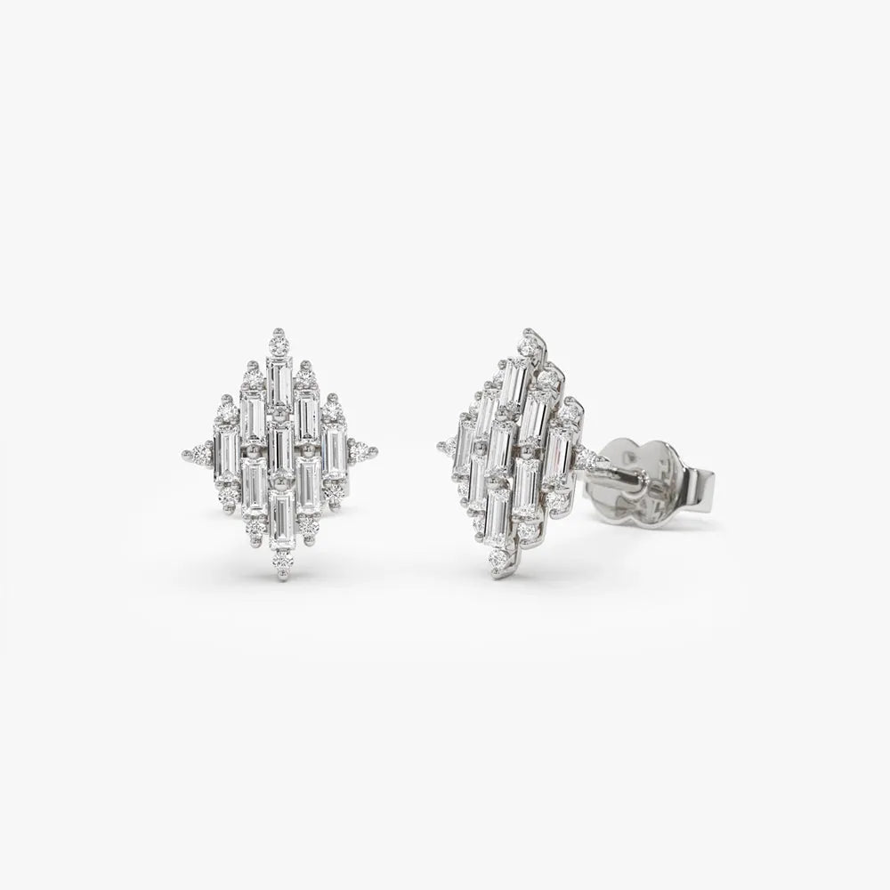 14k Gold Diamond Baguette and Round Cut Cluster Stud Earrings Prong Setting 0.45 ctw