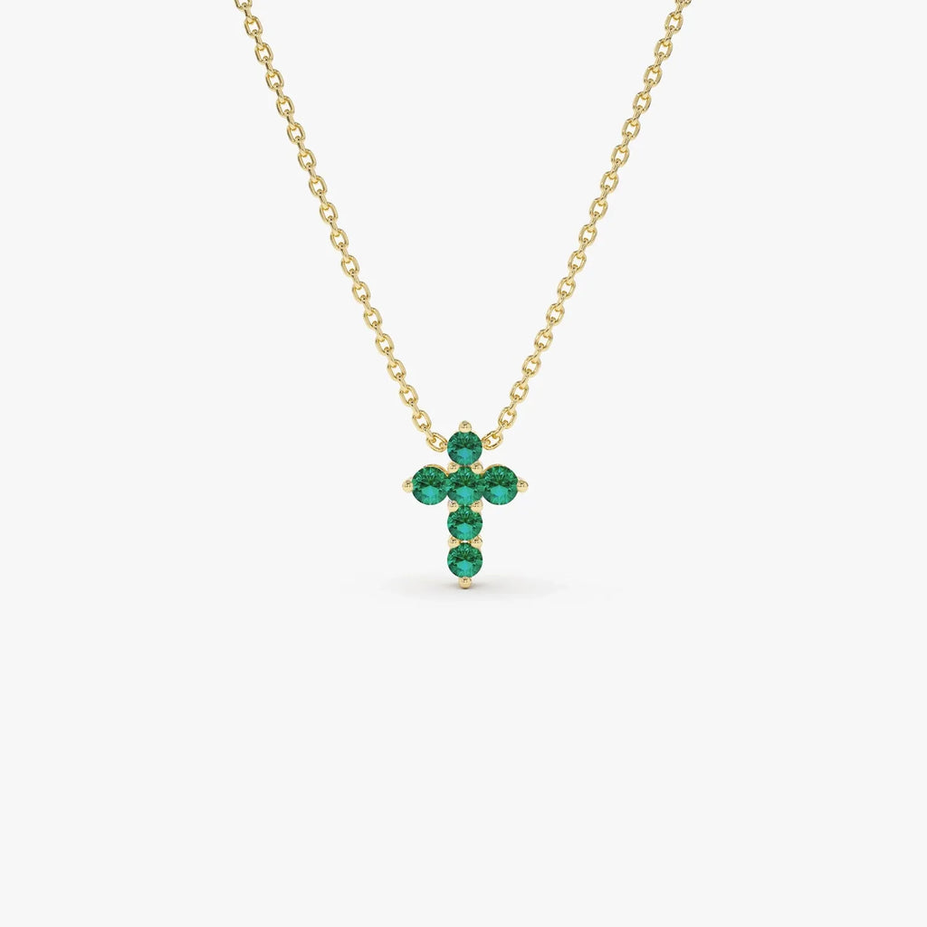 14k Solid Gold Round Emerald 0.18 CTW Tiny Cross Pendant Necklace Prong Setting