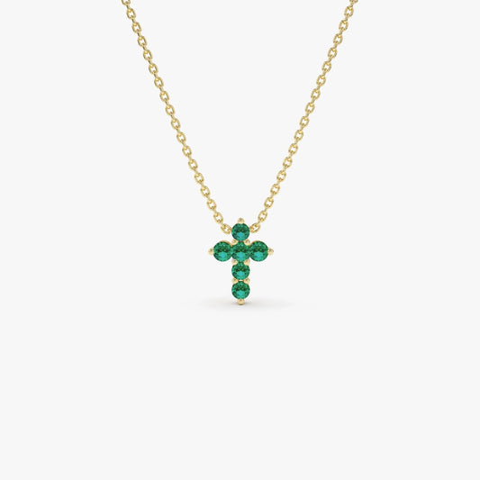14k Solid Gold Round Emerald 0.18 CTW Tiny Cross Pendant Necklace Prong Setting