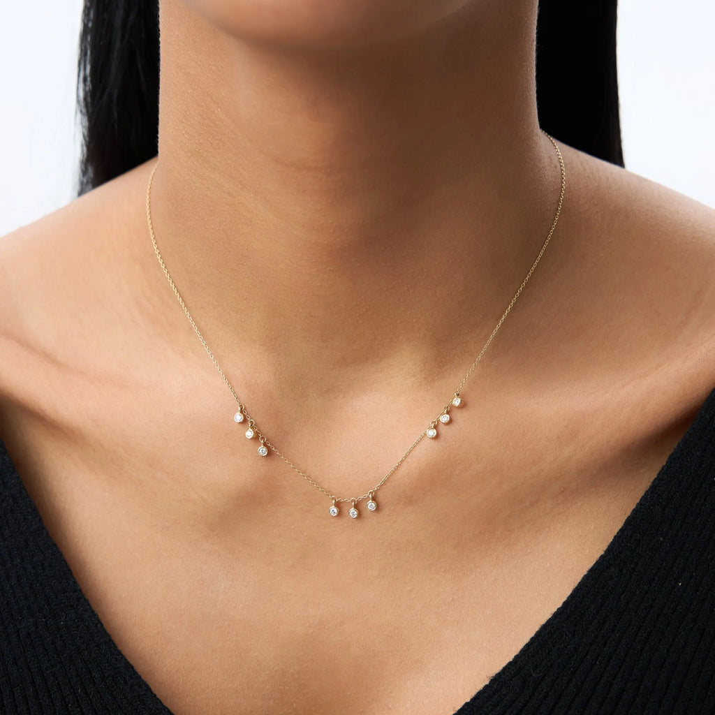 14K Solid Gold Round Diamond 9 Stone Bezel Set Dangle Necklace 0.27ctw