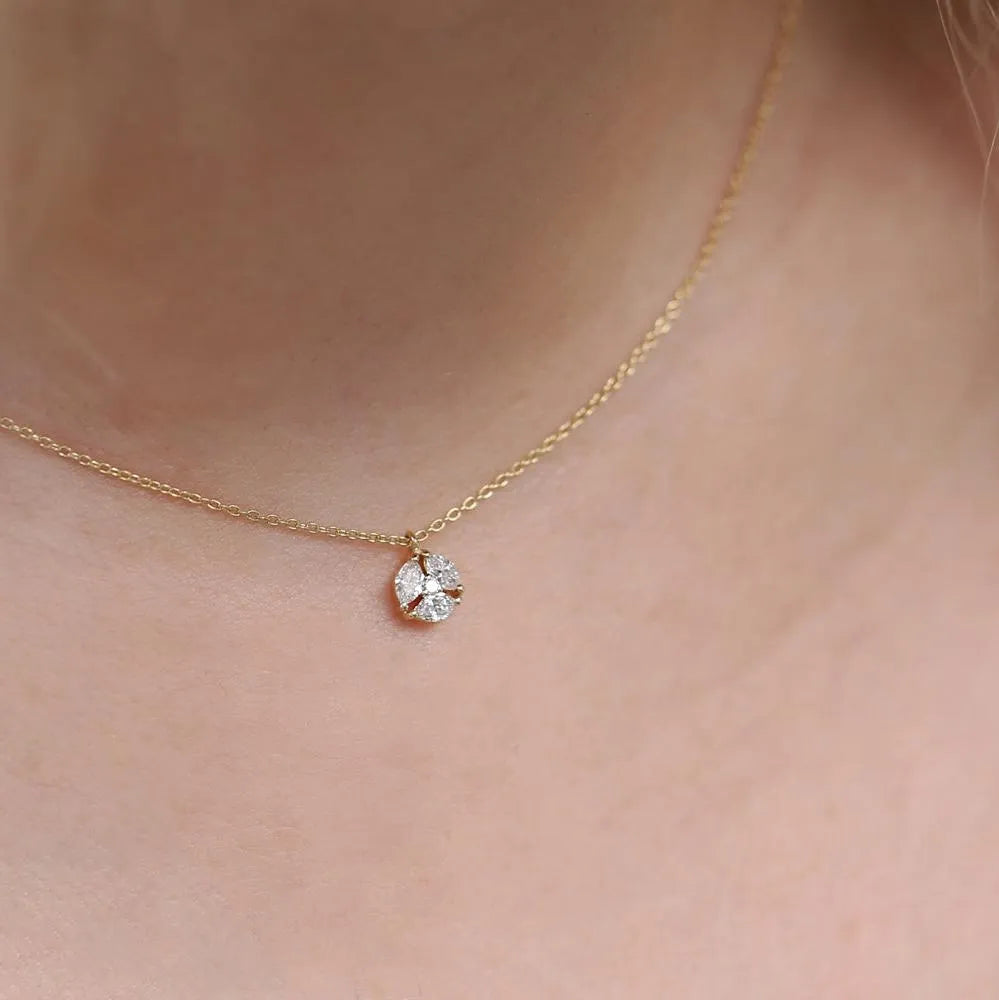 14K Solid Gold Marquise and Round Diamond Cluster Necklace Prong Setting 0.16ctw