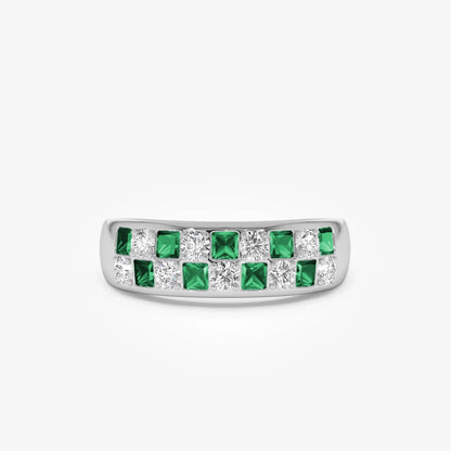 14K Gold Square Emerald and Round Diamond Wedding Ring Band 0.71 CTW