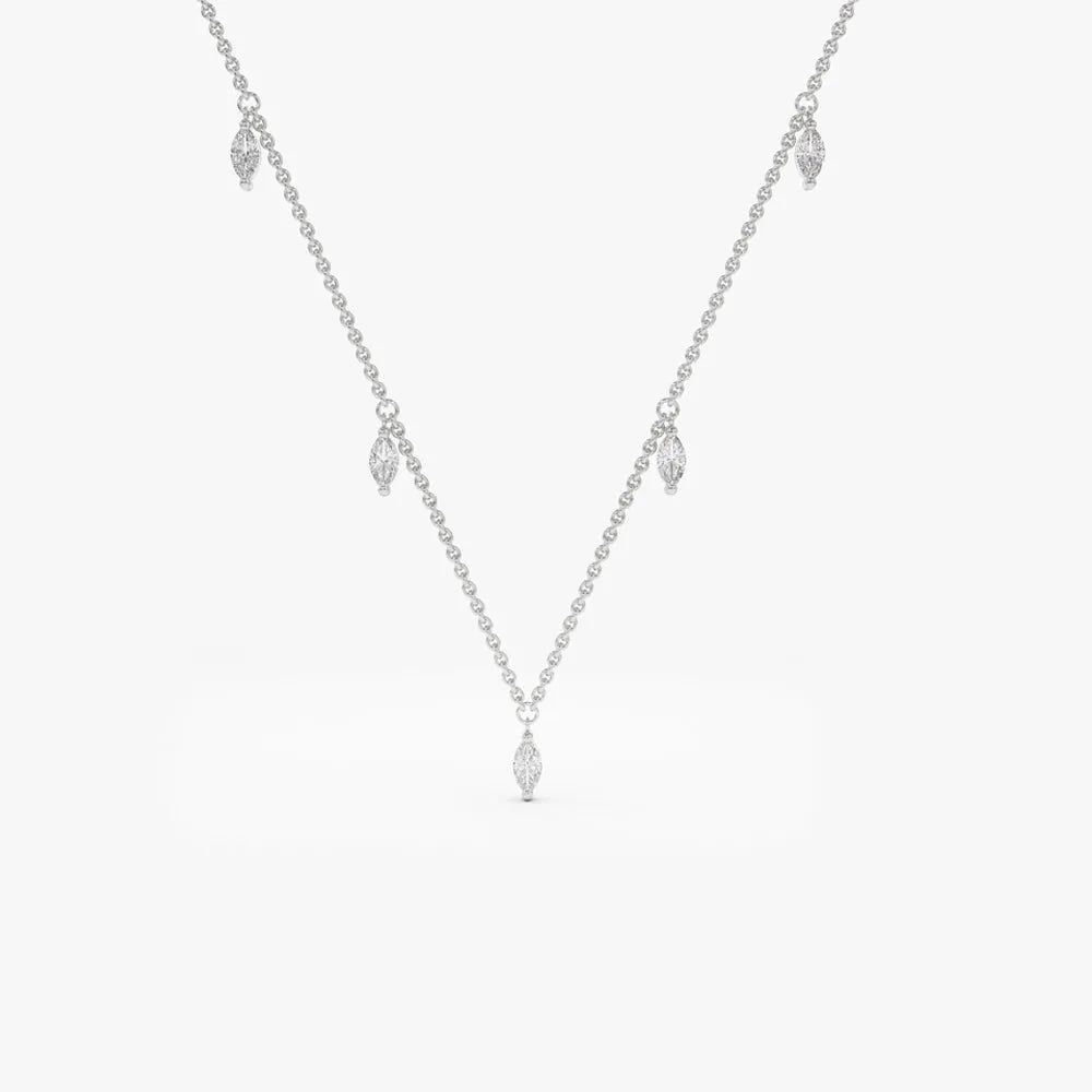 14K Solid Gold Marquise Diamond 5 Stone Dangling Necklace Prong Setting 0.36ctw
