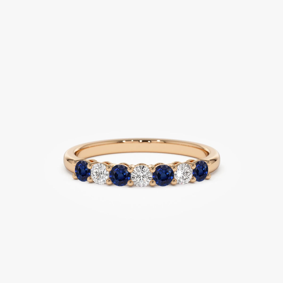 14k Gold Diamond and Sapphire Round Cut 7 Stone Basket Setting Wedding Ring 0.43 ctw